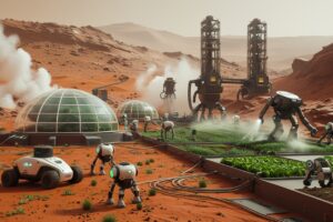 Illustration of AI and Robots making Mars human habitable planet