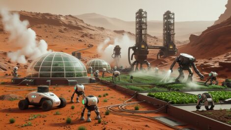 Illustration of AI and Robots making Mars human habitable planet